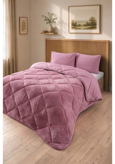 Premium Çift Taraflı Wellsoft Yorgan Seti Çift Kişilik 195x215 Cm 2 Adet Yastık Kılıflı Gül Kurusu