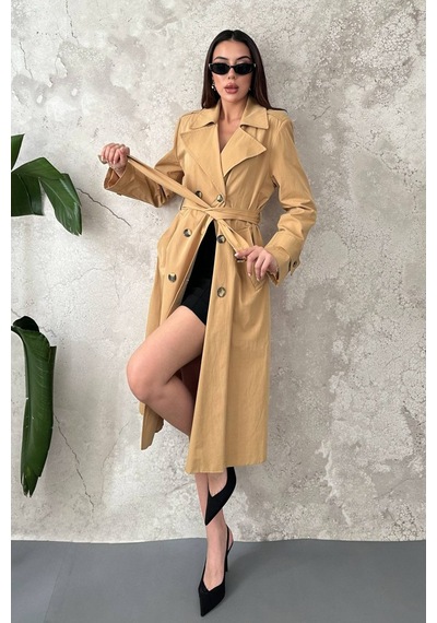 Alemdarshop Camel Uzun Kemerli Trençkot