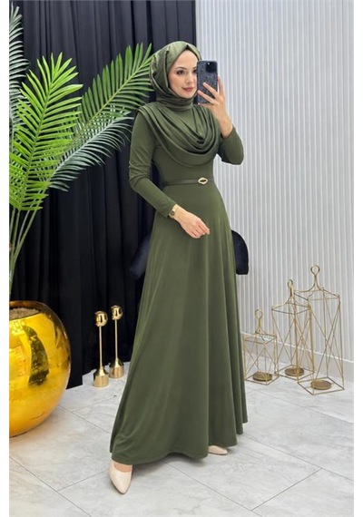 Neşeli Butik Kadın Haki Sandy Kumaş Degaje Yaka Kemer Detaylı Tesettür Elbise---- Nms096