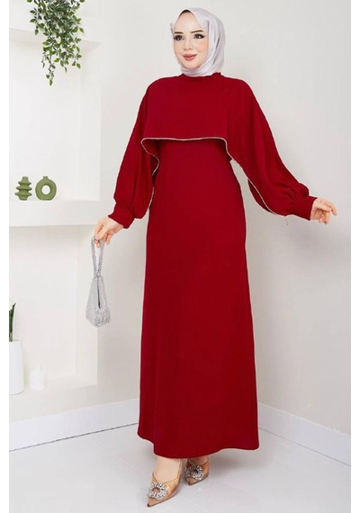 Neşeli Butik Kadın Likralı Taş Detaylı Tesettür Elbise Nms011 Bordo
