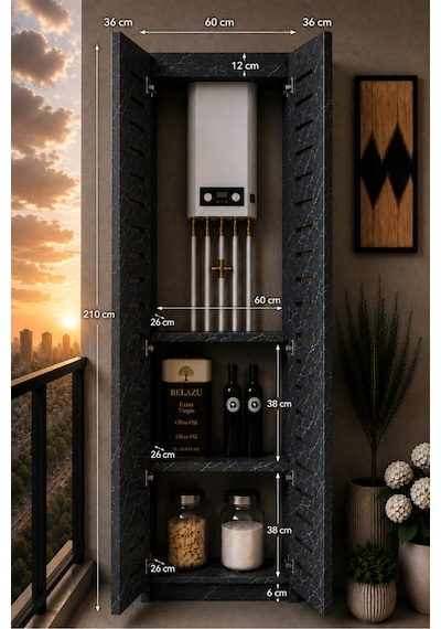 Flower Dolap Çok Amaçlı Kombi Dolabı Balkon Dolabı Kiler Dolabı Siyah