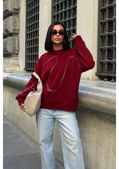 WeShaya Kadın Bordo Pamuklu Taşlı Oversize Sweatshirt Bordo