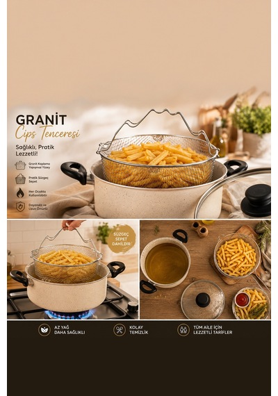 Porsima 4404 3 Parça Granit Kızartma Cips Tenceresi 22cm 2lt Krem
