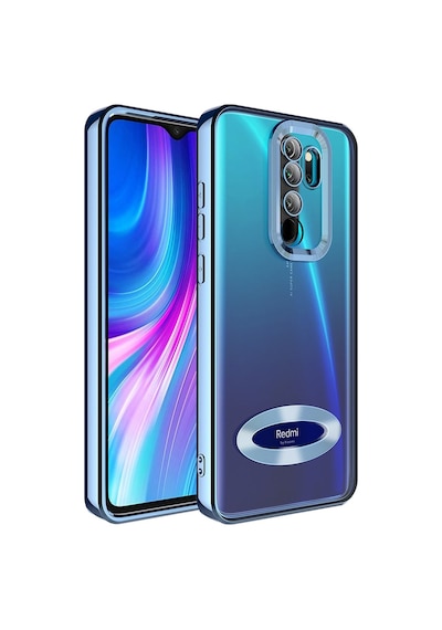 Fibaks Redmi Note 8 Pro Uyumlu Kılıf Kamera Lens Korumalı Şeffaf Renkli Logo Gösteren Parlak Kapak Mavi
