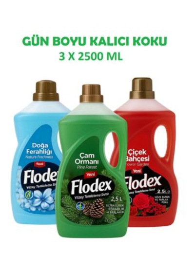 Flodex Yüzey Temizleyici Çam 2500 Ml + Doğa 2500 Ml + Çiçek Bahçesi 2500 Ml 3’lü Set