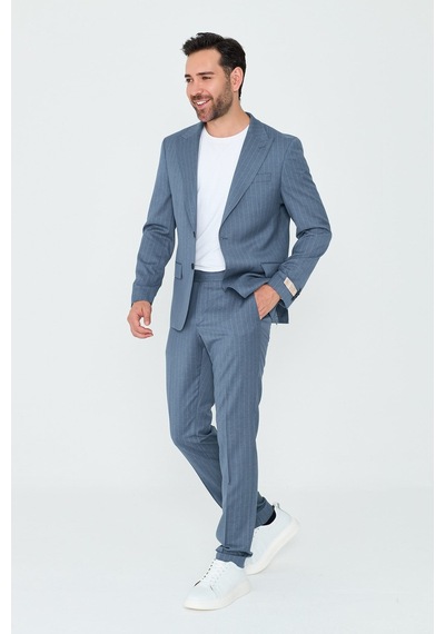 Mavi Çizgili Sivri Yaka 6 Drop Regular Fit Günlük Takım Elbise
