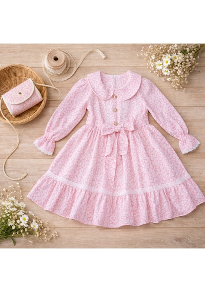 Çantalı Çiçekli Kız Çocuk Elbise St09796 Pembe Çantalı Çiçekli Kız Çocuk Elbise St09796 Pembe