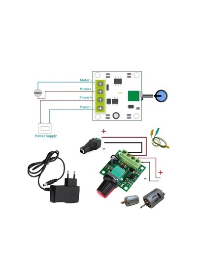 Dc 12v Adaptörlü Motor Hız Devri Kontrol Kartı İle 2 Tip Güçlü Motor Hız Devir Pwm Ayarı Öğrenci Hobi Deney Seti