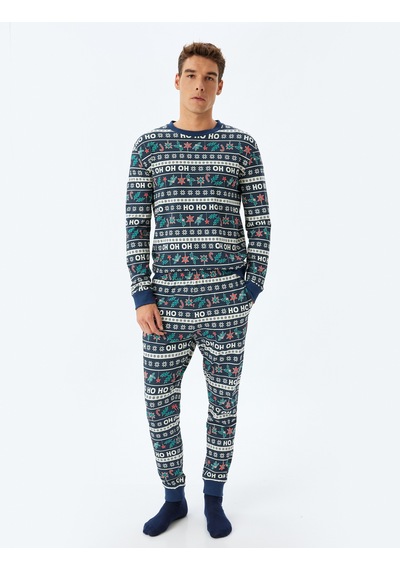 Koton Yılbaşı Temalı Rahat Kesim Pamuklu Örme Pijama Seti Lacivert Desenli 5wlm40033mk Lacivert Desenli Lacivert