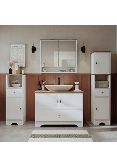 Lavabolu 100Cm Çekmeceli Banyo Dlp + Aynalı Dlp + 2 Adet Boy Dlp Beyaz - Atlantik Çam