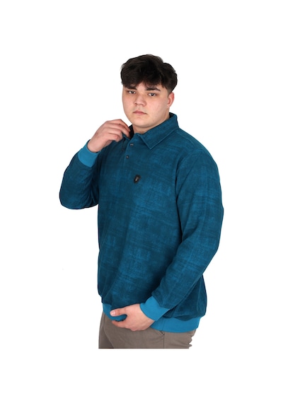 Mode Xl Büyük Beden Erkek Polo Yaka Sweatshirt Baskılı Selanik U24440 Turkuaz Mavi