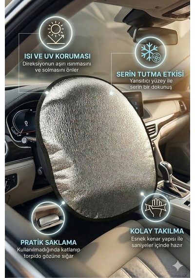 Direksiyon Güneşliği 50x50 Cm -tüm Araçlara Uyumlu Universel Isı Ve Uv Koruyucu Gümüş