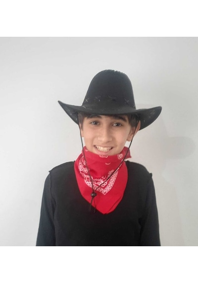 Uniquetrenders Çocuk Unisex 8 14 Yaş Süet Kovboy Şapkası Kırmızı Bandana Hediye Koruma Kutulu Gönderim Siyah