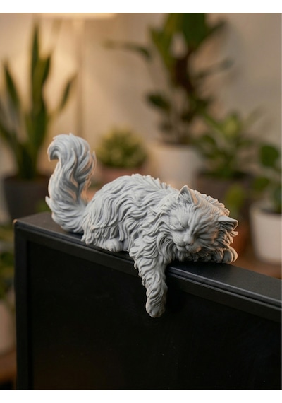 Monitör Üstü Dekoratif Uyuyan Kedi Figürü - Uzun Tüylü Ekran Arkadaşı