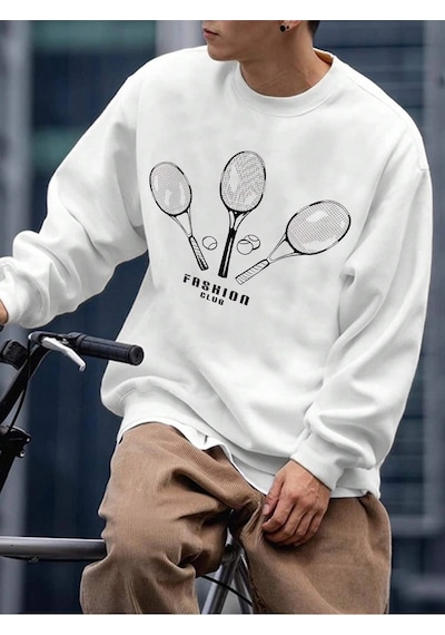 Startmore Adrift Letter & Tennis Racket Print Drop Shoulder Sweatshirt Beyaz Beyaz