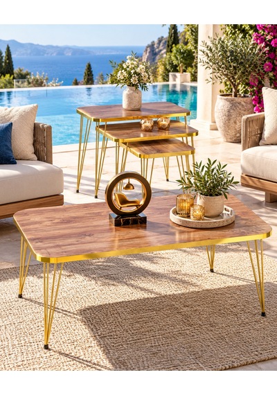 Odera Ceviz Orta Sehpa Ve Zigon Sehpa 4'lü Set Metal Tel Ayaklı Modern Retro Salon Sehpası Diğer