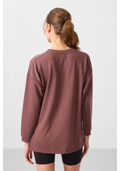 Tommylıfe Kahverengi Yumuşak Dokulu O Yaka Rahat Form Kadın Tunik Sweatshirt - 97305