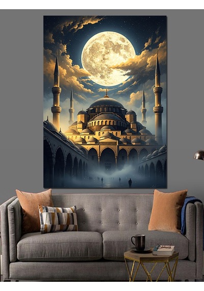 Ahşap Tablo Dolunay Altında Tarihi Camii Silüeti
