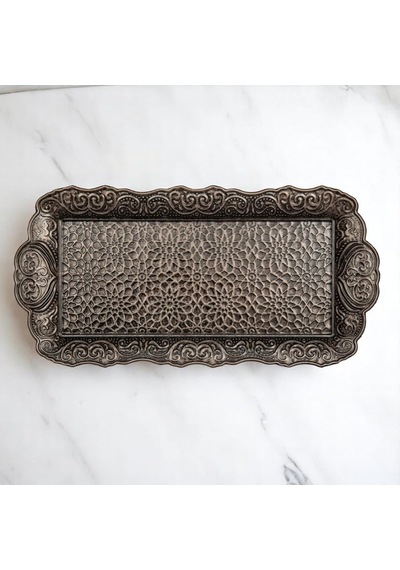 Osmanlı Motifli Küçük Metal Servis Tepsisi Dekoratif Sunum Tepsisi, 36 X 18 Cm, 306 G Antik Siyah