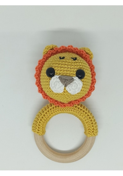 Yenidoğan Aslan Çıngırak Amigurumi Örgü Diş Kaşıyıcı Ham Ahşap Or Çok Renkli