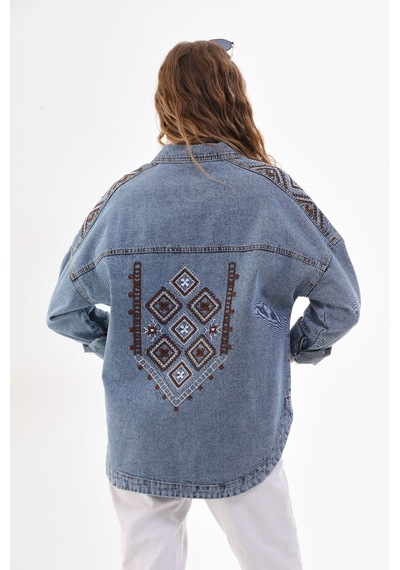 Esb Design Kadın Mavi Cepli Etnik Mevsimlik Düğmeli Uzun Denim Nakışlı Kot Ceket A36-085