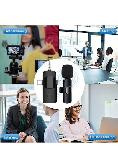 Plentiful Kablosuz Tekli Yaka Mikrofonu 3.5mm Aux Apple Uyumlu iPhone Type-c Pc Tablet Video Ses Kayıt Vlog Usb C Ve Amfi Siyah