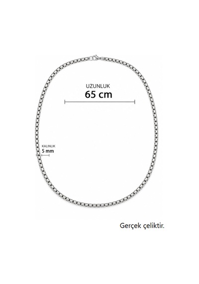 Erkek Çelik Box Zincir Kolye 5 Mm 65 Cm Gümüş