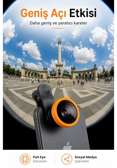 Balık Gözü Telefon Lensi Fish Eye Geniş Açılı Makro Klipsli Selfie Kamera Lensi Apple Android Uyumlu Siyah