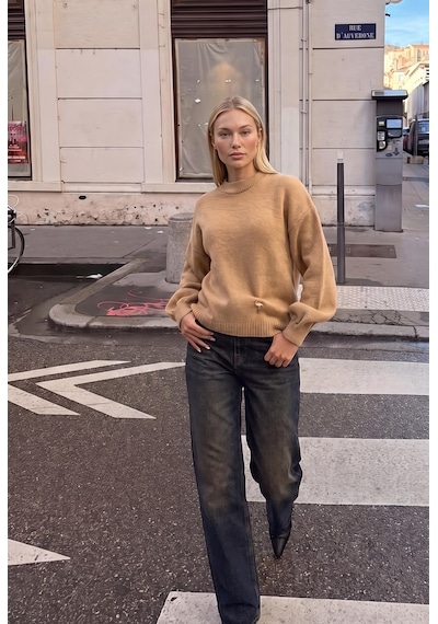 Kadın Vizon W6-111 Oversize Aksesuar Detaylı Tasarım Triko Kazak