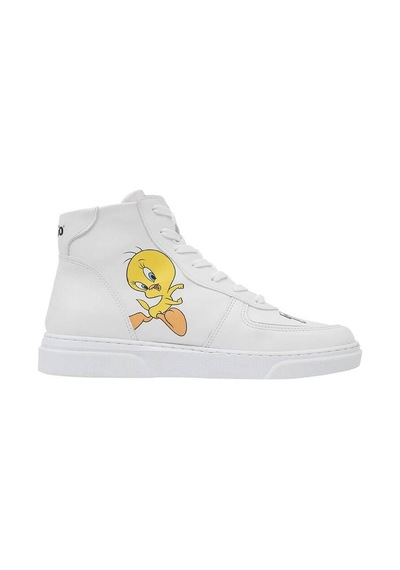 Kadın Vegan Deri Beyaz High Sneakers - Warner Bros Tweety Classic Tasarım Çok Renkli