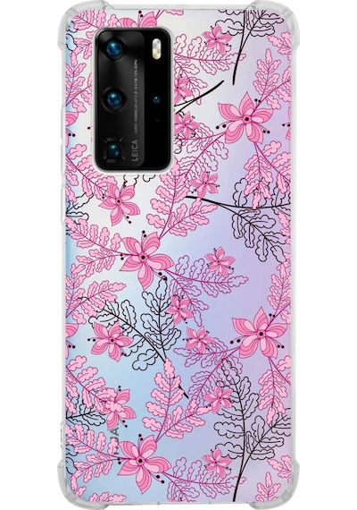 Huawei P40 Pro Uyumlu Köşe Korumalı Floral Pembe Tasarımlı Şeffaf Silikon Kılıf