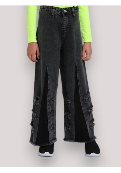 Escabel Kız Çocuk Yüksek Bel Bol Paça Yırtık Detaylı Mom Jean-13660-füme Füme