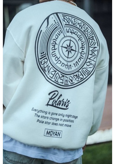 Erkek 3 İplik Pamuklu Bisiklet Yaka Ön Ve Arka Baskılı Sweatshirt - Beyaz