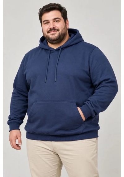 Butik İstanbul Erkek Battal Büyük Beden Üç İplik İçi Şardonlu Kapüşonlu Kanguru Cepli Kışlık Sweatshirt - Lacivert