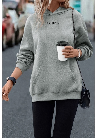 Uyguntarz Unisex Butterfly Sırt Baskılı Sweatshirt Gri