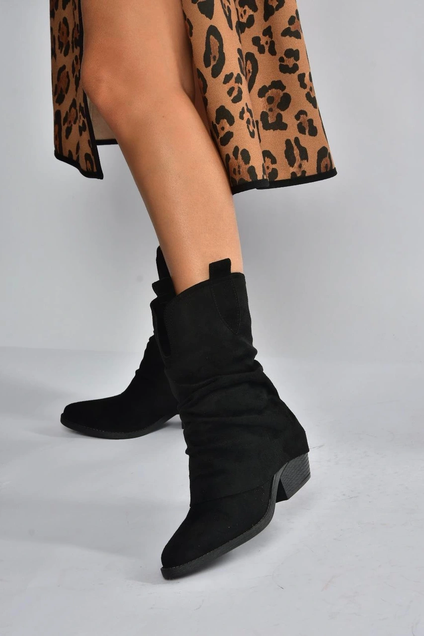 Fox Shoes V404041002 Siyah Süet Kalın Topuklu Kadın Bot Siyah-Süet