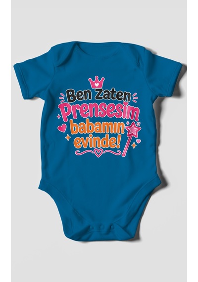 Morivokids Ben Zaten Prensesim Babamın Evinde Kısa Kollu Bebek Body %100 Pamuk Koyu Mavi