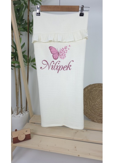 Gros Shop Müslin Yeni Doğan 4katlı Organik %100pamuk Kişiye Özgü Nakışlı Hastane Çıkış Seti Çoklu Kelebek-2 Ekru