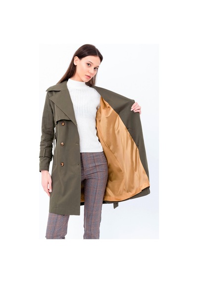 Pastelastore %100 Pamuk Gabardin Midi 95cm Astarlı Kemerli Kadın Trençkot 1113 Haki