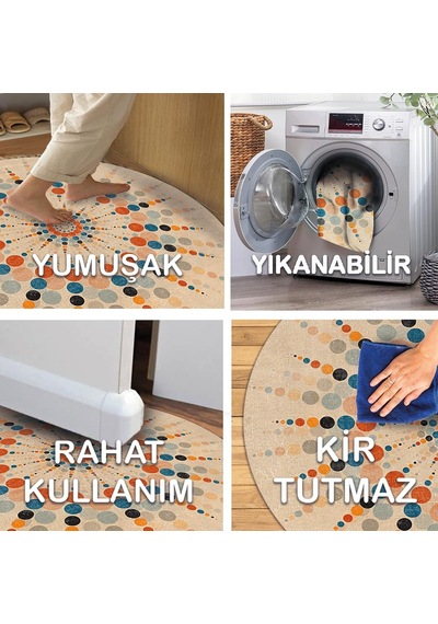Latte Dizayn Rienes Modern Desenli Şönil Pamuk Tabanlı Yıkanabilir Kaymaz Antibakteriyel Yuvarlak Salon Halısı 100 Çok Renkli