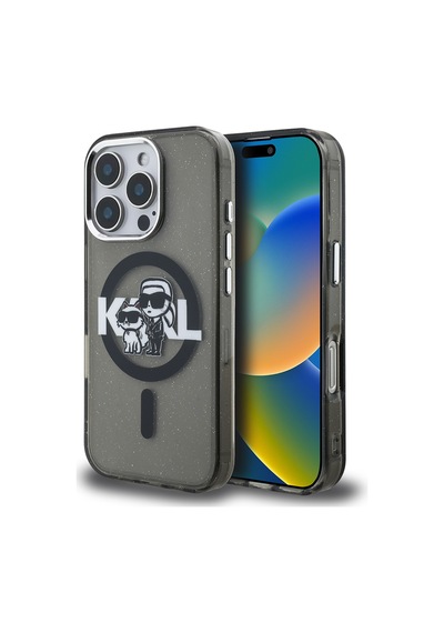 Apple Uyumlu iPhone  16 Pro Max Kılıf Karl Lagerfeld Lisanslı Parlayan Simli Karl & Choupette Sketch Logolu Siyah