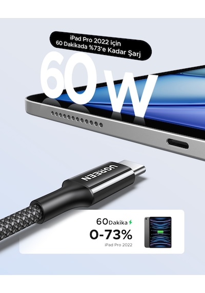 Ugreen USB-C 60W 3A QC PD Örgülü Hızlı Şarj Kablosu 1 M Siyah 35254