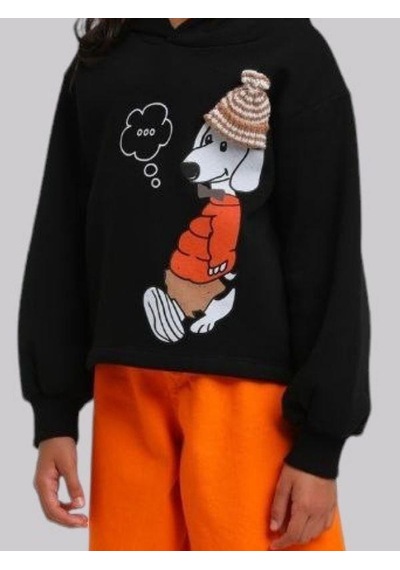 Kız Çocuk İçi Şardonlu Köpek Baskılı Kapüşonlu Sweatshirt-13615 Siyah