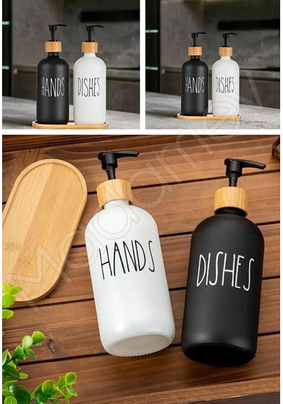 2 Li Hands Dishes Siyah Beyaz Dekoratif Mutfak Banyo Sıvı Cam Sabunluk Seti 500ml Bambu Stantlı Set Beyaz-siyah