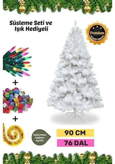 Premium Süsleme Seti Yılbaşı Beyaz Çam Ağacı Renkli Işığı Yeni Yıl Süsleri Noel Paketi 90 Cm 76 Dal