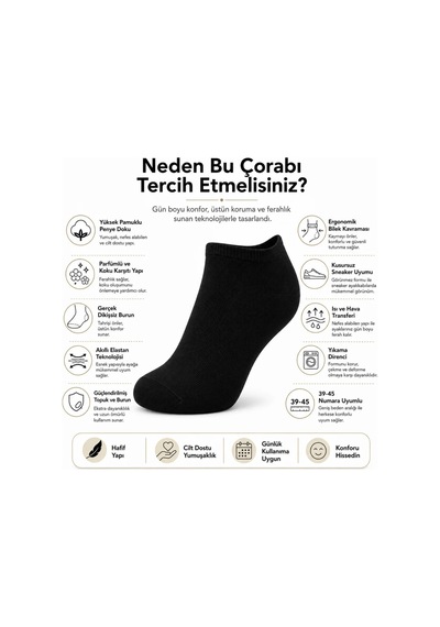 Çorap Giyim Erkek Patik Çorap 12 Li Renk Seçenekleri 39-44 Yüksek Pamuklu Dikişsiz Koku Karşıtı Siyah
