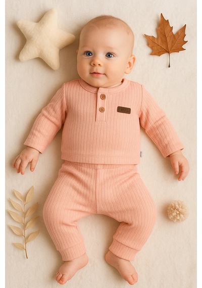 Pekminibebe Çizgili Kumaş % 100 Pamuk 2'li Unisex Takım Pembe