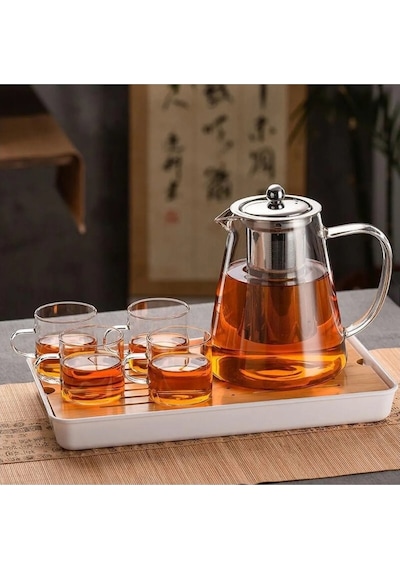 Qerhome Borosilikat Cam Çelik Süzgeçli Ve Kapaklı Oval Tasarım Lüks Çay & Kahve Demliği 750 Ml Şeffaf
