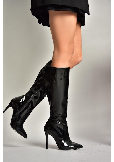 Fox Shoes N372530108 Siyah Rugan İnce Topuklu Sivri Burun Kadın Çizme Siyah-rugan Siyah