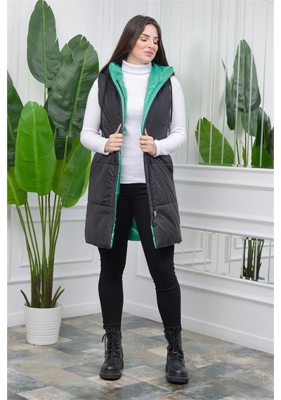 Neşeli Butik Kadın Yeşil Kapüşonlu Kapitone Çift Taraflı Yelek Nb0002 Yeşil